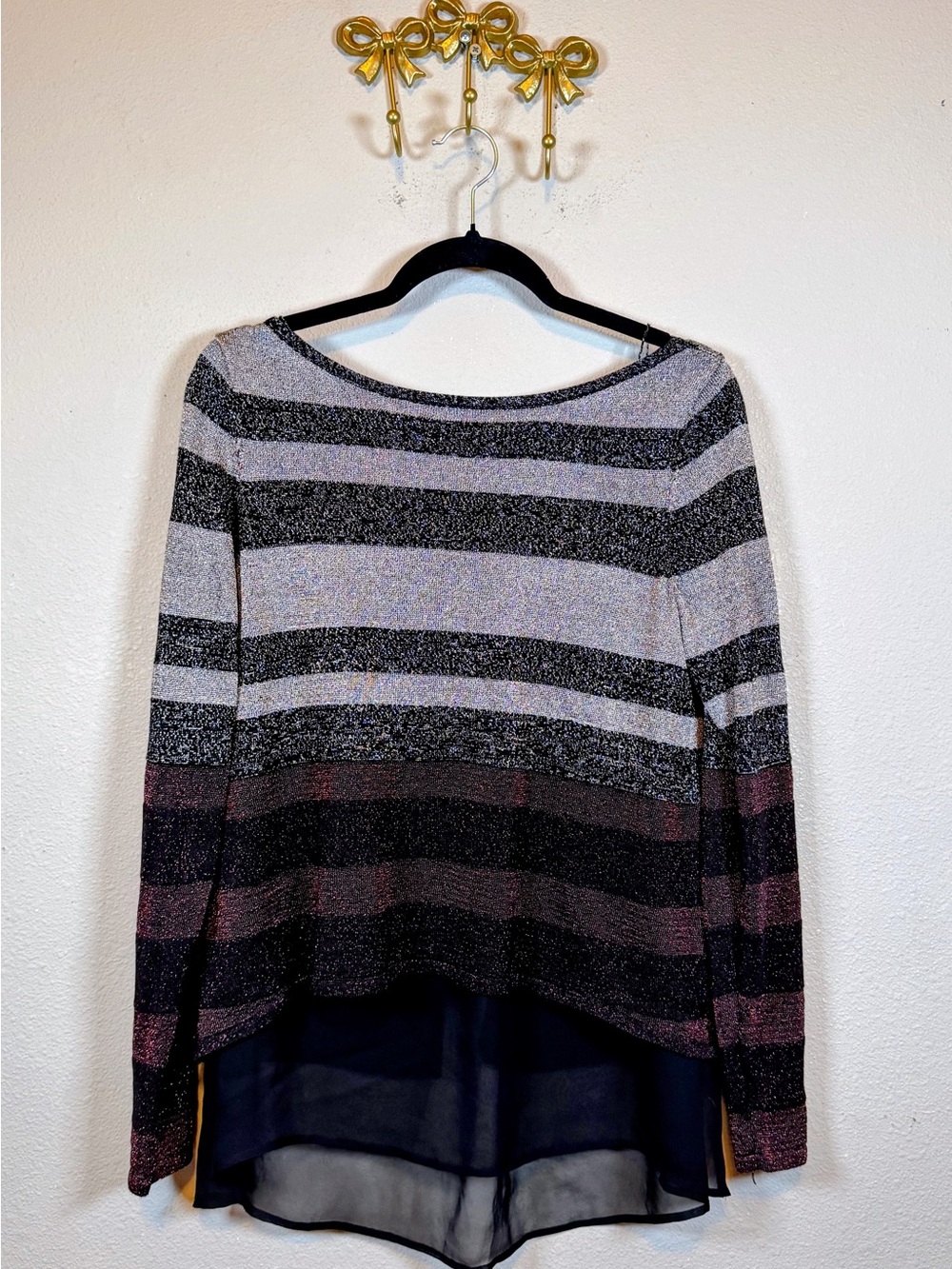 White House Black Market Black, Gray & Plum Striped Metallic Knit Tunic. Size S
